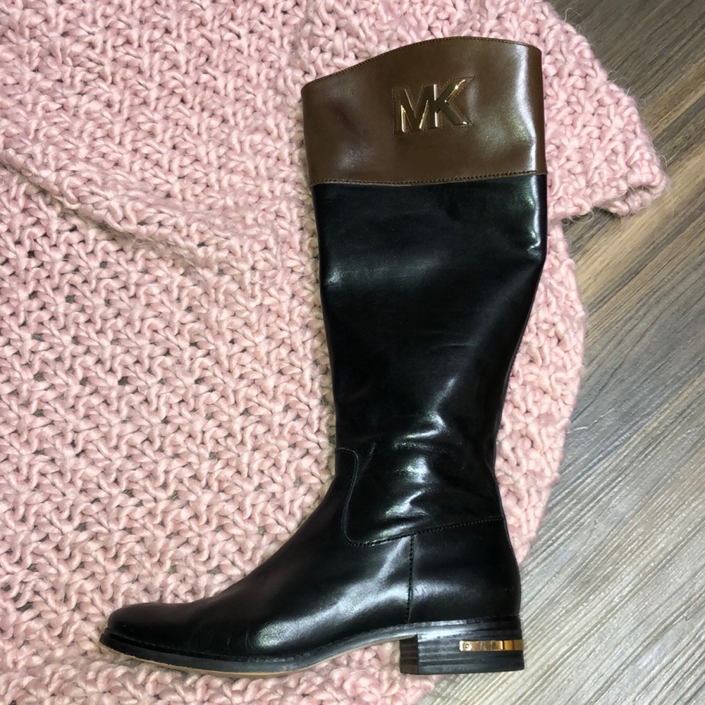 michael kors leather two-tone gold accent boots